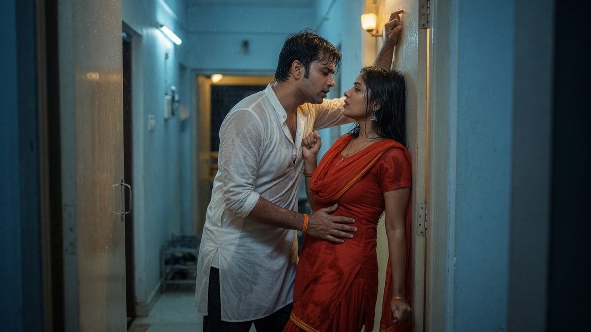 Two fully clothed adults, one adult Indian man and one adult Indian woman in a contemporary Indian city apartment entry.