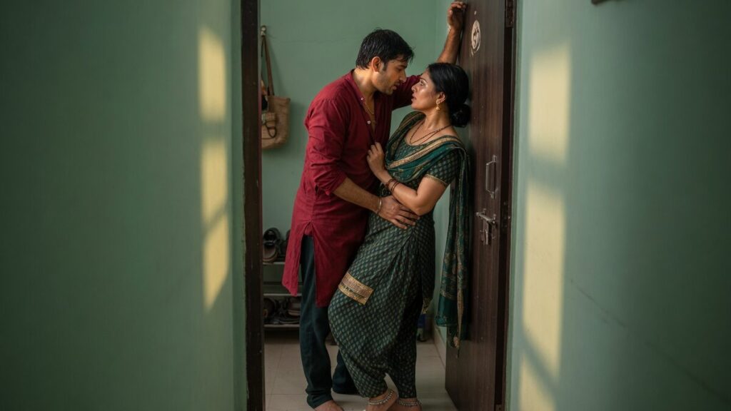 Two fully clothed adults, one adult Indian man and one adult Indian woman in an Indian apartment entry.