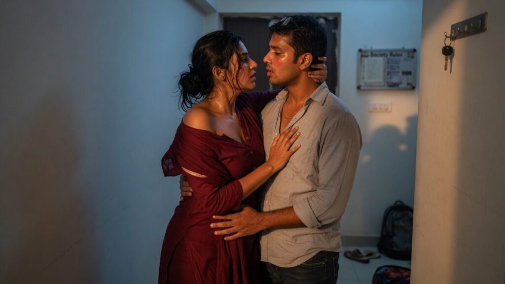 Two fully clothed adults, one adult Indian man and one adult Indian woman in a contemporary Indian city apartment entry.