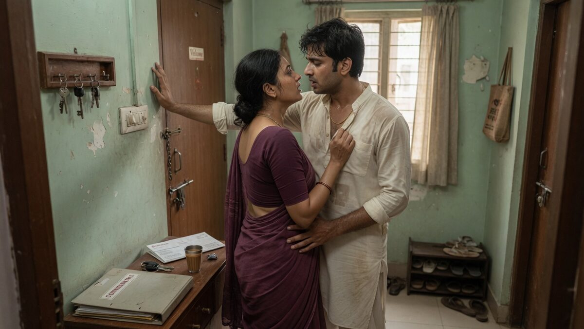 Two fully clothed adults, one adult Indian man and one adult Indian woman in an Indian apartment entry.