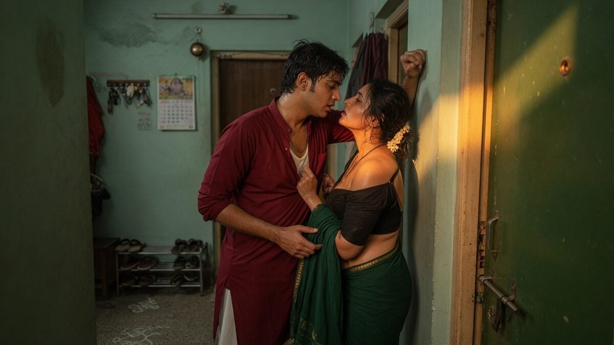 Two fully clothed adults, one adult Indian man and one adult Indian woman in an Indian apartment entry.