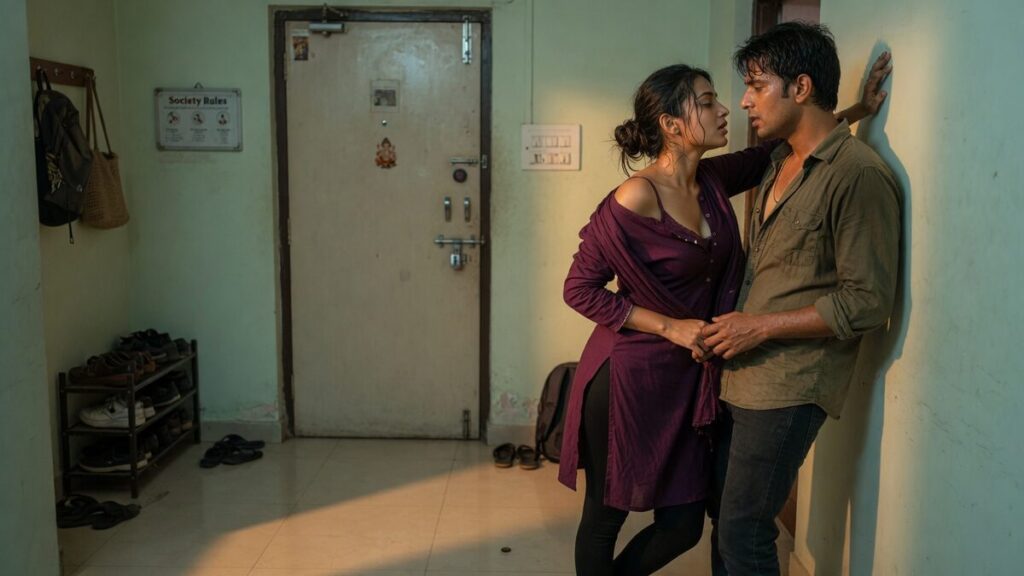 Two fully clothed adults, one adult Indian man and one adult Indian woman in an Indian apartment entry.