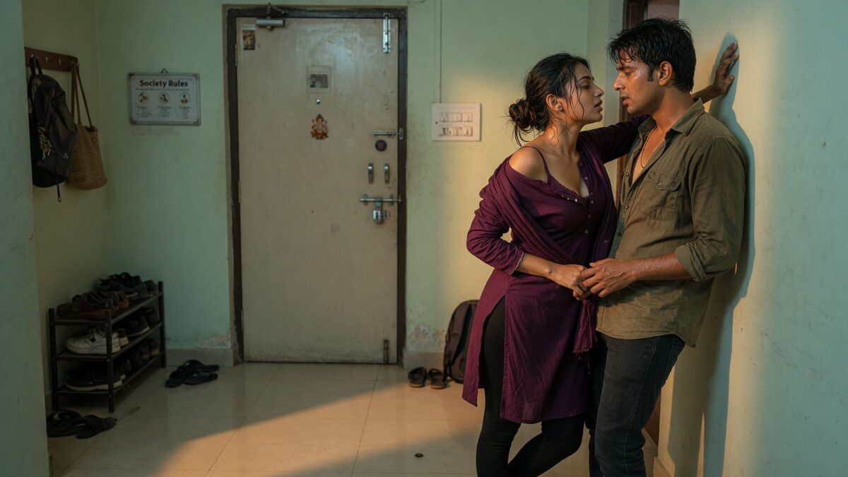 Two fully clothed adults, one adult Indian man and one adult Indian woman in an Indian apartment entry.