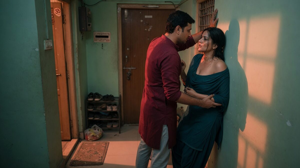Two fully clothed adults, one adult Indian man and one adult Indian woman in an Indian apartment entry.