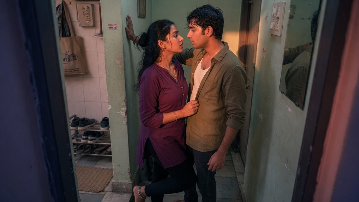 Two fully clothed adults, one adult Indian man and one adult Indian woman in an Indian apartment entry.