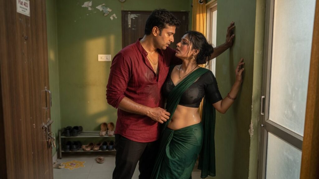 Two fully clothed adults, one adult Indian man and one adult Indian woman in a contemporary Indian city apartment entry.