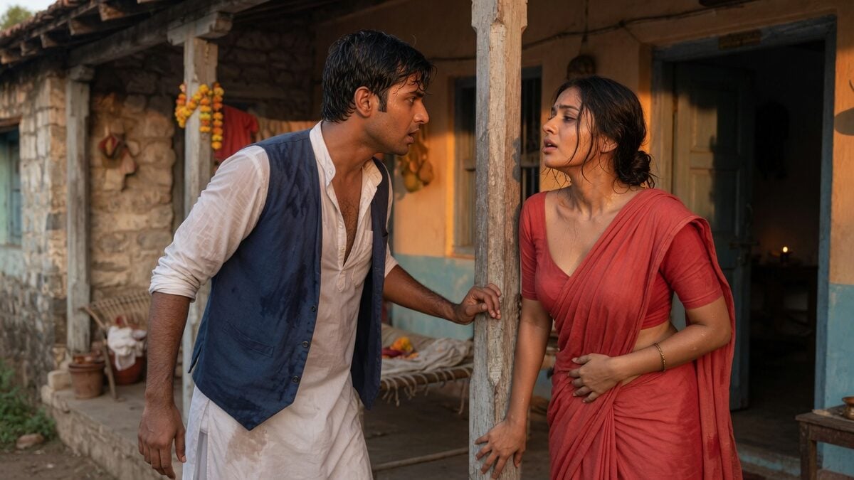 Two fully clothed adults, one adult Indian man and one adult Indian woman in a village house veranda.