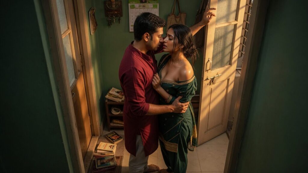 Two fully clothed adults, one adult Indian man and one adult Indian woman in an Indian apartment entry.