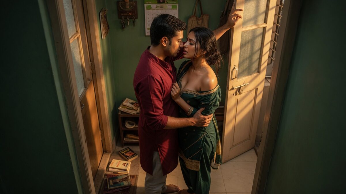 Two fully clothed adults, one adult Indian man and one adult Indian woman in an Indian apartment entry.