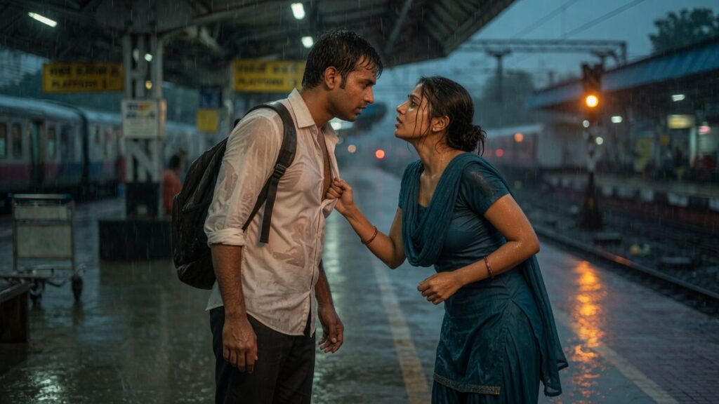 Two fully clothed adults, one adult Indian man and one adult Indian woman in an Indian station platform.