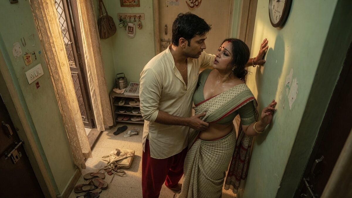 Two fully clothed adults, one adult Indian man and one adult Indian woman in an Indian apartment entry.