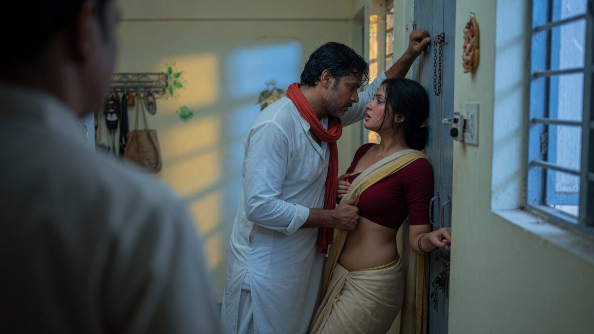 Two fully clothed adults, one adult Indian man and one adult Indian woman in an Indian apartment entry.