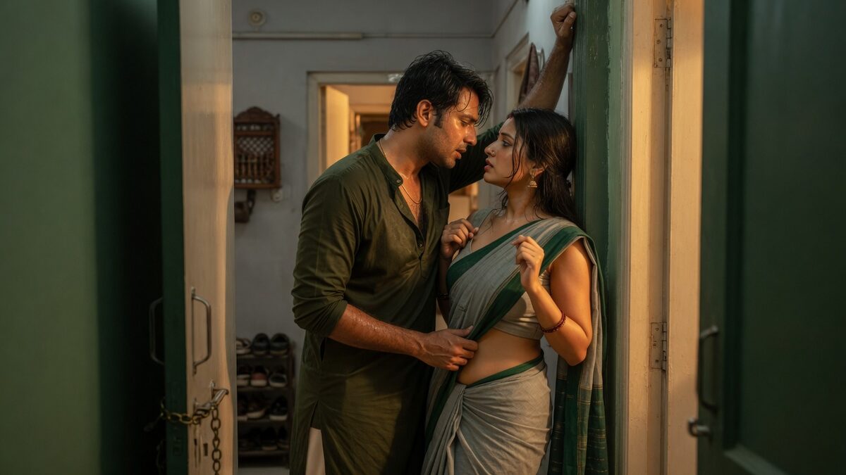 Two fully clothed adults, one adult Indian man and one adult Indian woman in a contemporary Indian city apartment entry.