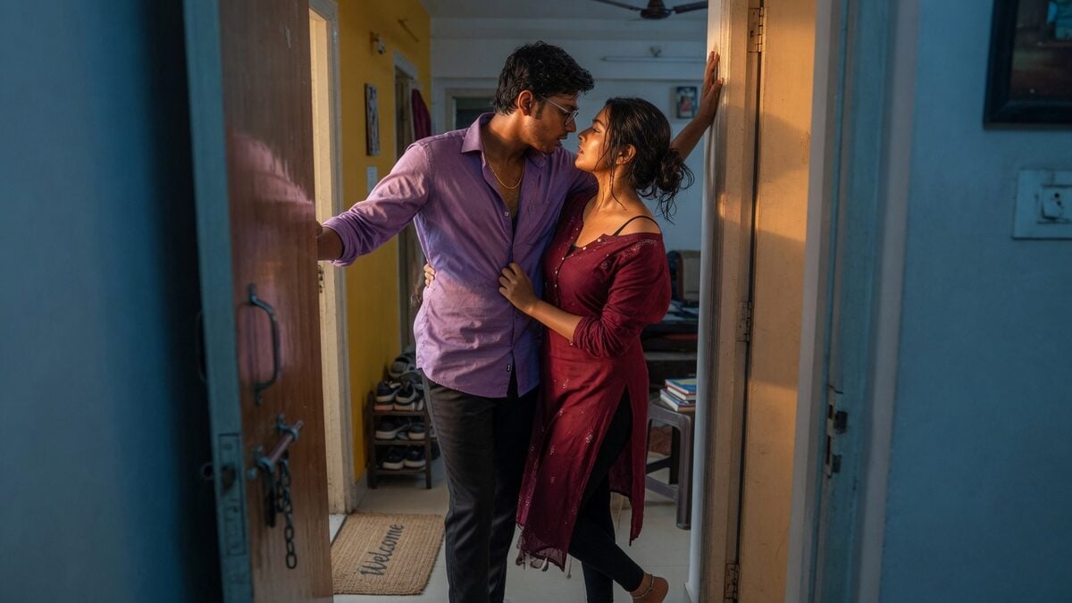 Two fully clothed adults, one adult Indian man and one adult Indian woman in a contemporary Indian city apartment entry.