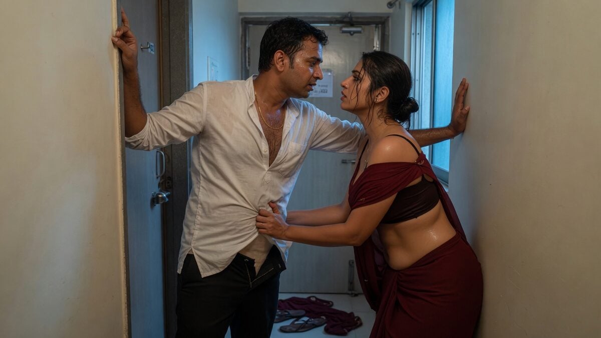 Two fully clothed adults, one adult Indian man and one adult Indian woman in a contemporary Indian city apartment entry.