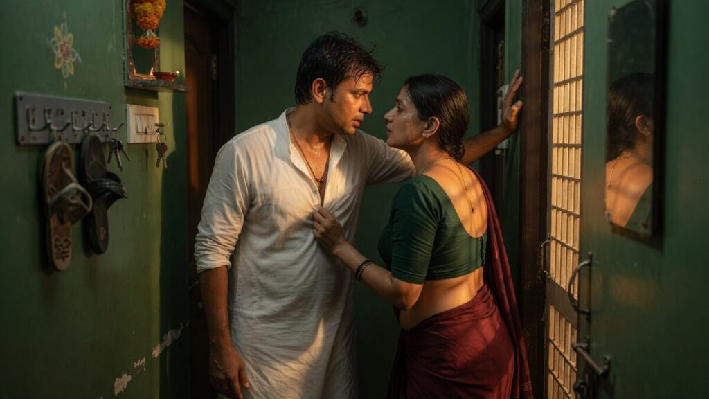 Two fully clothed adults, one adult Indian man and one adult Indian woman in an Indian apartment entry.