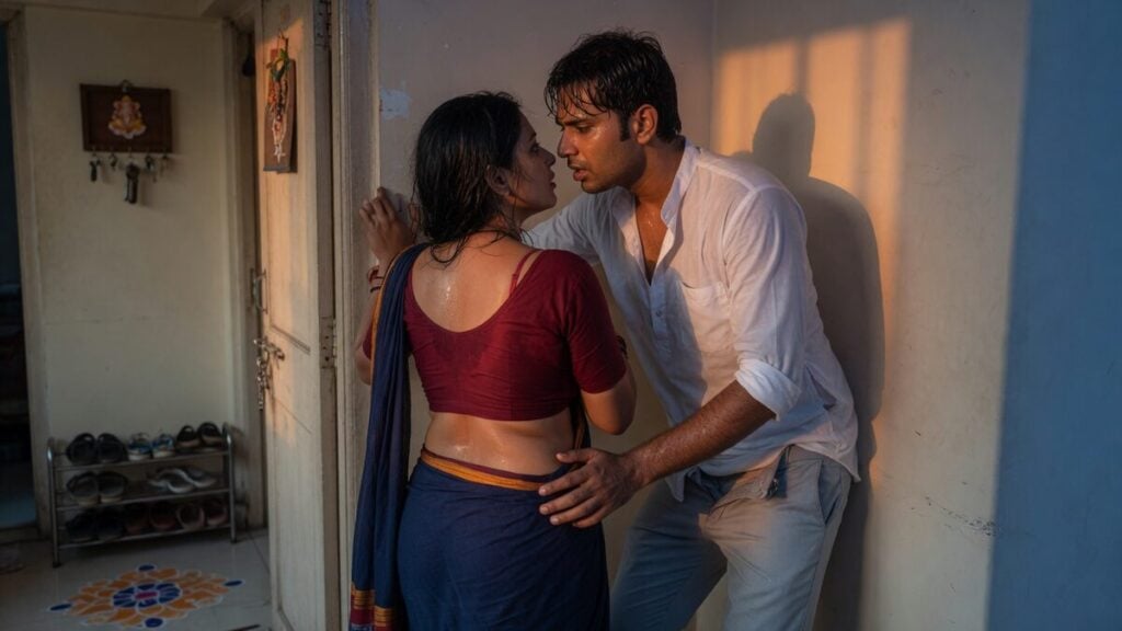 Two fully clothed adults, one adult Indian man and one adult Indian woman in an Indian apartment entry.
