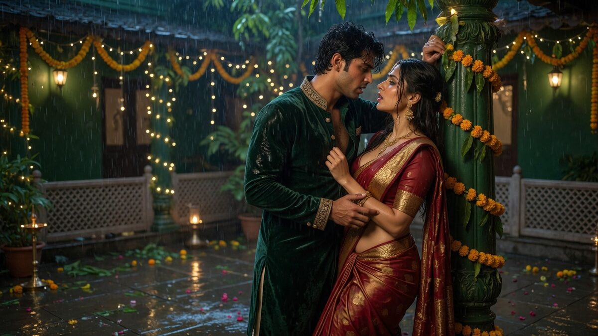 Two fully clothed adults, one adult Indian man and one adult Indian woman in a decorated Indian courtyard.