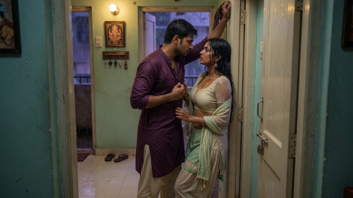 Two fully clothed adults, one adult Indian man and one adult Indian woman in an Indian apartment entry.