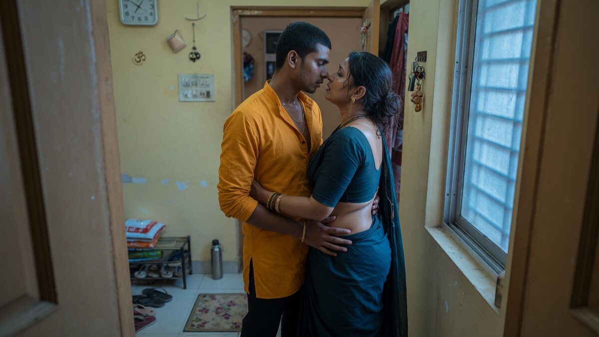 Two fully clothed adults, one adult Indian man and one adult Indian woman in an Indian apartment entry.