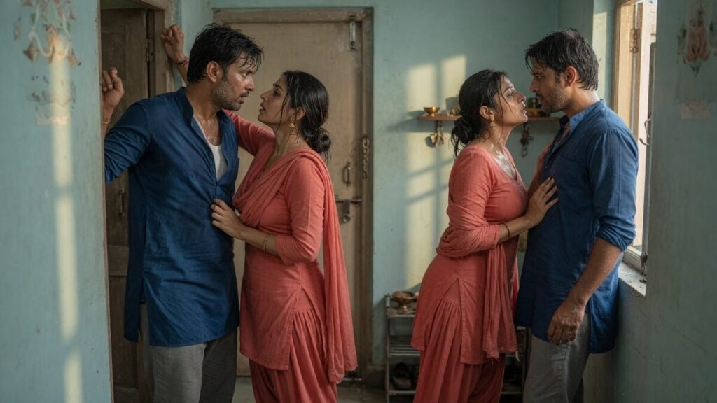Two fully clothed adults, one adult Indian man and one adult Indian woman in an Indian apartment entry.
