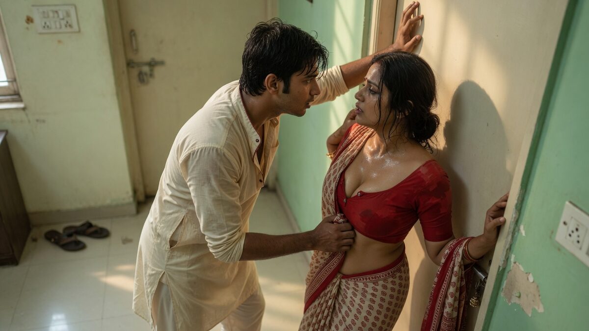 Two fully clothed adults, one adult Indian man and one adult Indian woman in a contemporary Indian city apartment entry.