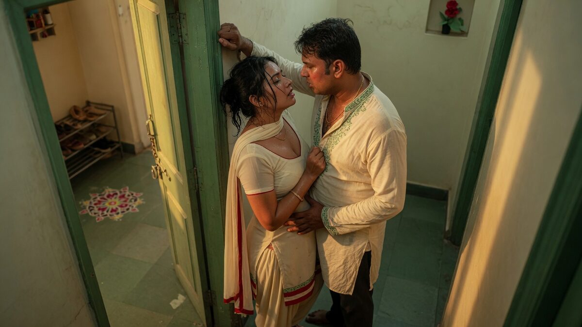 Two fully clothed adults, one adult Indian woman and one adult Indian man in an Indian apartment entry.
