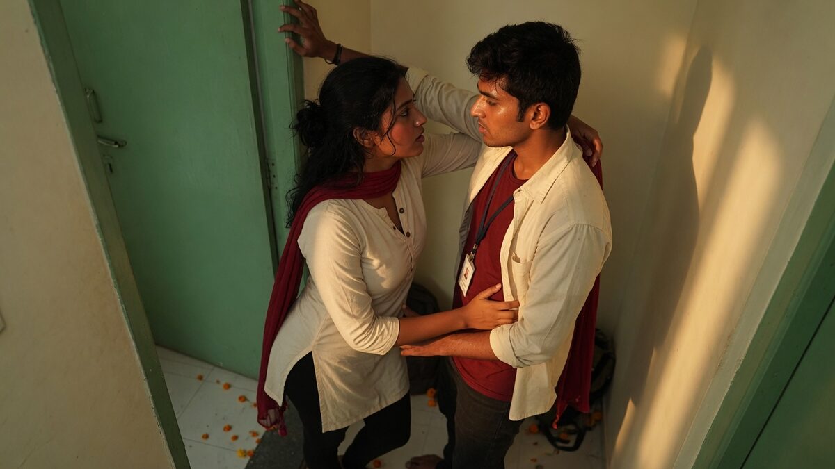 Two fully clothed adults, one adult Indian man and one adult Indian woman in an Indian apartment entry.