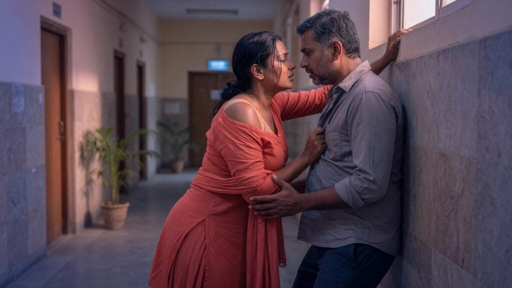 Two fully clothed adults, one adult Indian woman and one adult Indian man in an after-hours Indian office corridor.