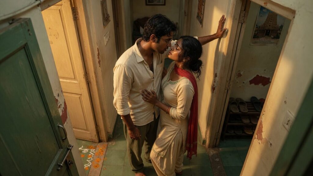 Two fully clothed adults, one adult Indian man and one adult Indian woman in an Indian apartment entry.