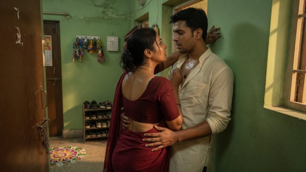 Two fully clothed adults, one adult Indian man and one adult Indian woman in an Indian apartment entry.