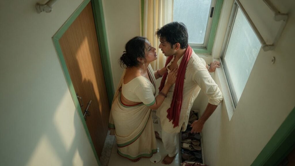 Two fully clothed adults, one adult Indian man and one adult Indian woman in an Indian apartment entry.