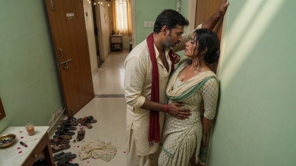 Two fully clothed adults, one adult Indian man and one adult Indian woman in a contemporary Indian city apartment entry.