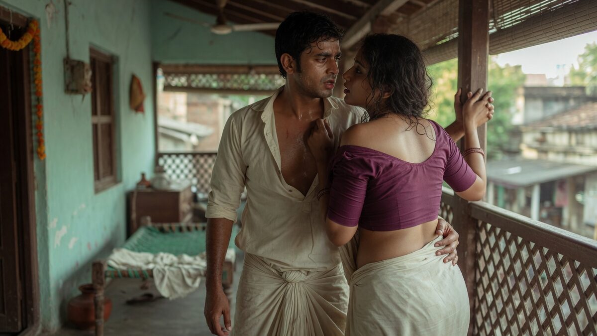 Two fully clothed adults, one adult Indian man and one adult Indian woman in a village house veranda.