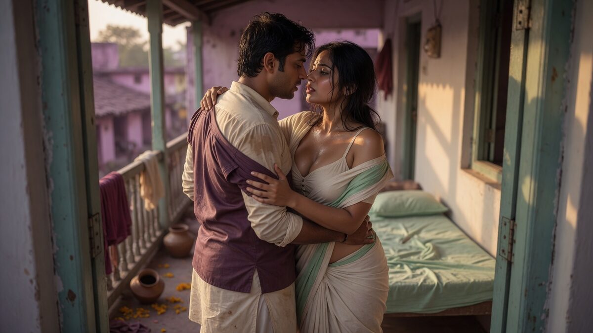 Two fully clothed adults, one adult Indian man and one adult Indian woman in a village house veranda.