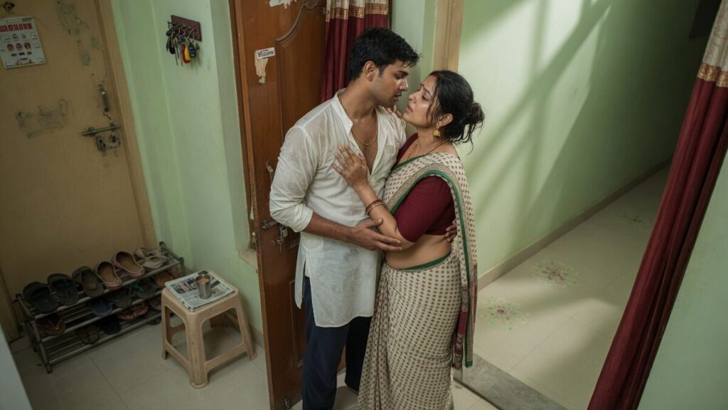 Two fully clothed adults, one adult Indian man and one adult Indian woman in an Indian apartment entry.