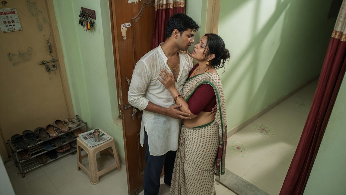 Two fully clothed adults, one adult Indian man and one adult Indian woman in an Indian apartment entry.