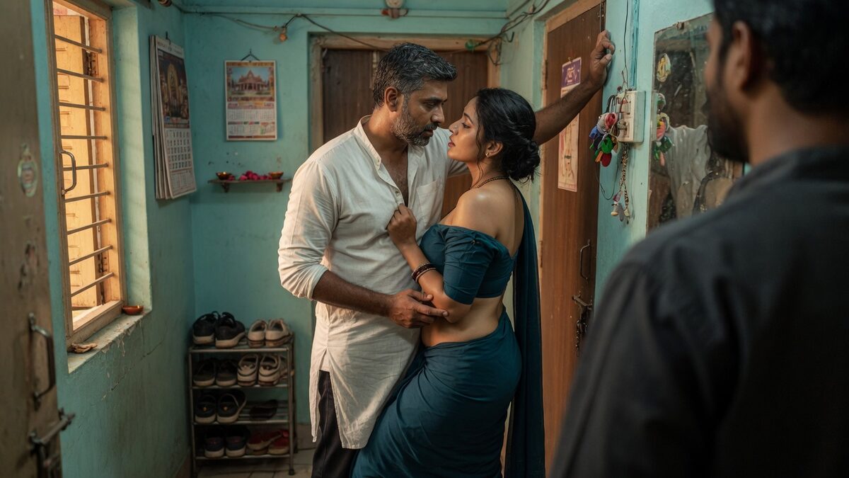 Two fully clothed adults, one adult Indian man and one adult Indian woman in an Indian apartment entry.
