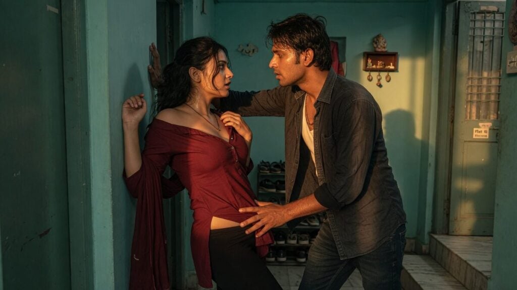Two fully clothed adults, one adult Indian man and one adult Indian woman in an Indian apartment entry.