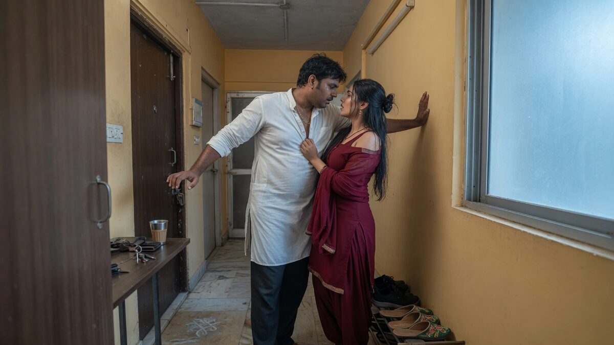 Two fully clothed adults, one adult Indian man and one adult Indian woman in a contemporary Indian city apartment entry.